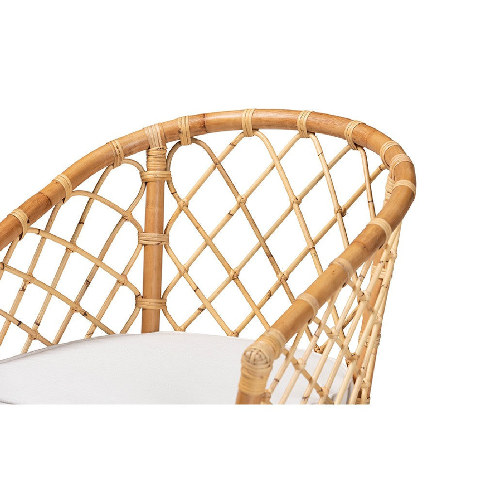 bali & pari Orchard Modern Bohemian White Fabric Upholstered and Natural Brown Rattan Dining Chair WHI-Orchard-Rattan-DC