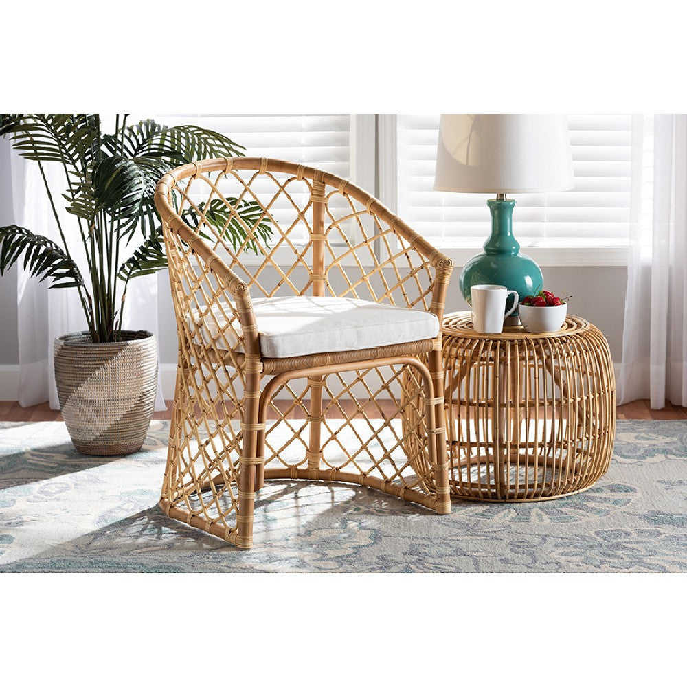bali & pari Orchard Modern Bohemian White Fabric Upholstered and Natural Brown Rattan Dining Chair WHI-Orchard-Rattan-DC