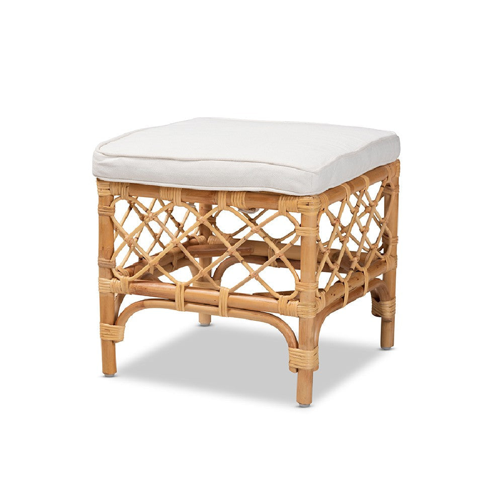 bali & pari Orchard Modern Bohemian White Fabric Upholstered and Natural Brown Rattan Ottoman WHI-Orchard-Rattan-Otto