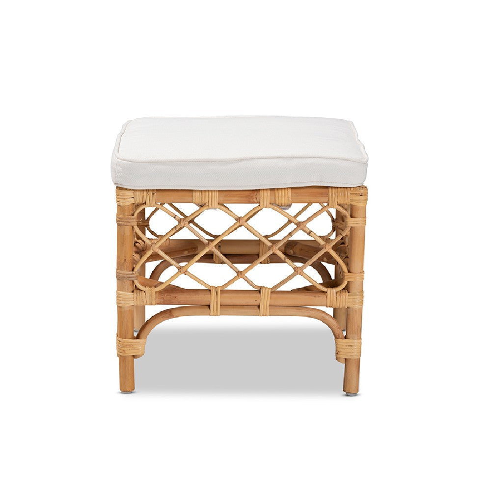 bali & pari Orchard Modern Bohemian White Fabric Upholstered and Natural Brown Rattan Ottoman WHI-Orchard-Rattan-Otto
