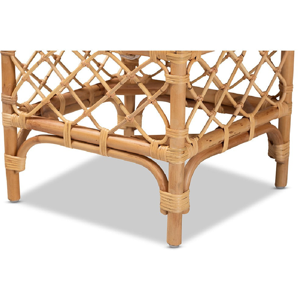 bali & pari Orchard Modern Bohemian White Fabric Upholstered and Natural Brown Rattan Ottoman WHI-Orchard-Rattan-Otto