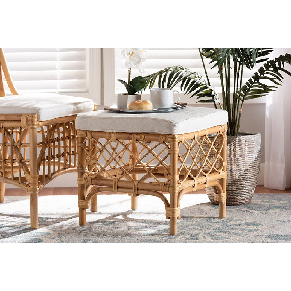 bali & pari Orchard Modern Bohemian White Fabric Upholstered and Natural Brown Rattan Ottoman WHI-Orchard-Rattan-Otto