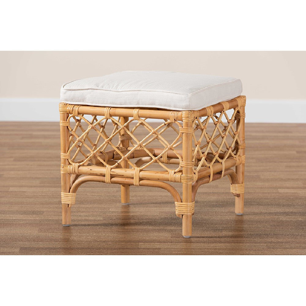 bali & pari Orchard Modern Bohemian White Fabric Upholstered and Natural Brown Rattan Ottoman WHI-Orchard-Rattan-Otto