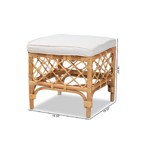 bali & pari Orchard Modern Bohemian White Fabric Upholstered and Natural Brown Rattan Ottoman