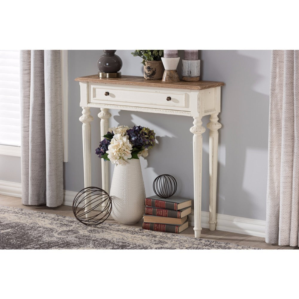Baxton Studio Marquetterie French Provincial Style Weathered Oak and White Wash Distressed Finish Wood Two-Tone Console Table