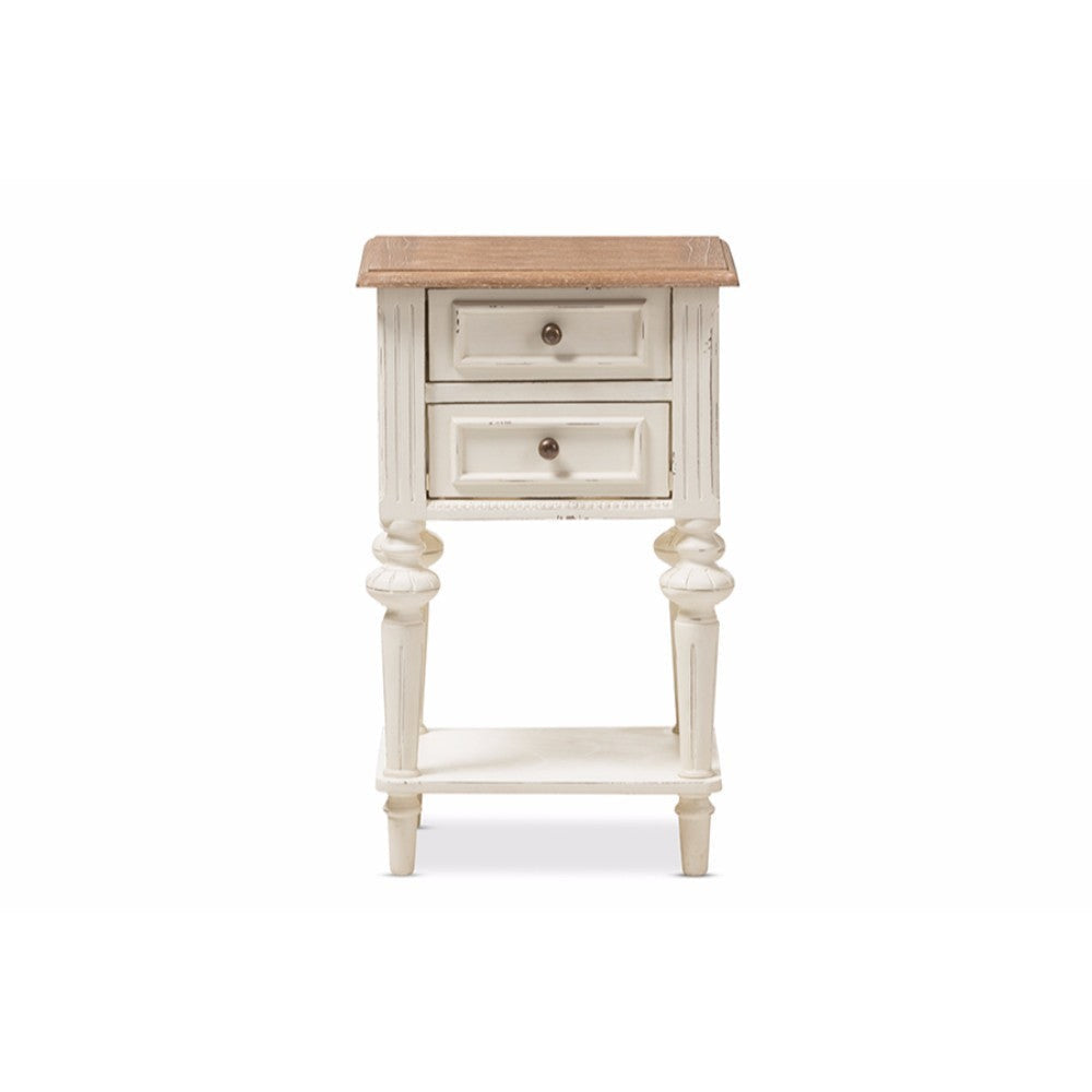 Baxton Studio Marquetterie French Provincial Style Weathered Oak and White Wash Distressed Finish Wood Two-Tone 2-Drawer and 1-Shelf