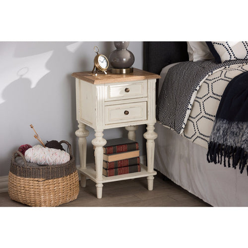 Baxton Studio Marquetterie French Provincial Style Weathered Oak and White Wash Distressed Finish Wood Two-Tone 2-Drawer and 1-Shelf Nightstand