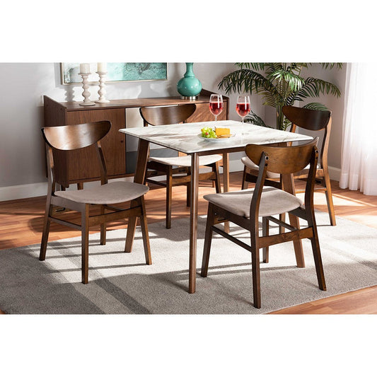 Baxton Studio Paras Mid-Century Modern Transitional Light Beige Fabric Upholstered and Walnut Brown Finished Wood 5-Piece Dining Set with Faux Marble Dining Table