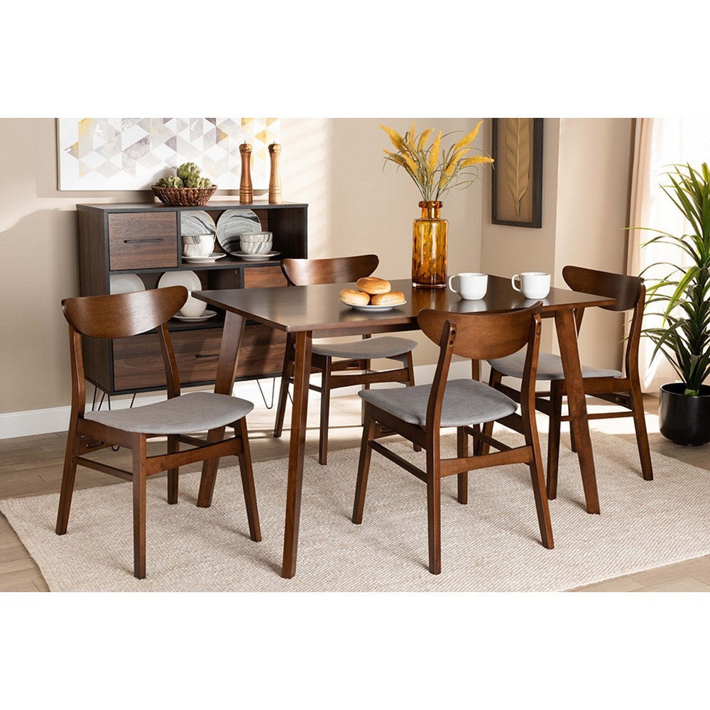 Baxton Studio Orion Mid-Century Modern Transitional Light Grey Fabric Upholstered and Walnut Brown Finished Wood 5-Piece Dining Set