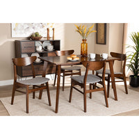 Baxton Studio Orion Mid-Century Modern Transitional Light Grey Fabric Upholstered and Walnut Brown Finished Wood 5-Piece Dining Set