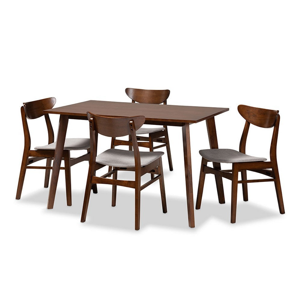 Baxton Studio Orion Mid-Century Modern Transitional Light Grey Fabric Upholstered and Walnut Brown Finished Wood 5-Piece Dining Set