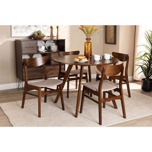 Baxton Studio Philip Mid-Century Modern Transitional Light Beige Fabric Upholstered and Walnut Brown Finished Wood 5-Piece Dining Set