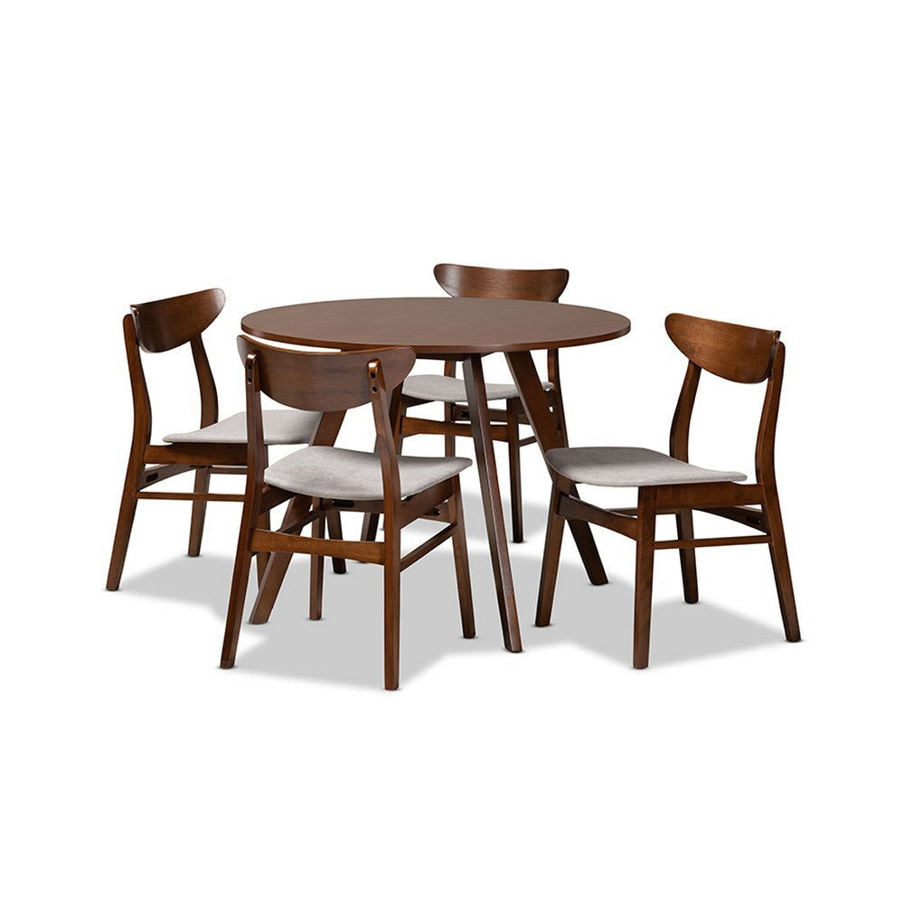 Baxton Studio Philip Mid-Century Modern Transitional Light Grey Fabric Upholstered and Walnut Brown Finished Wood 5-Piece Dining Set