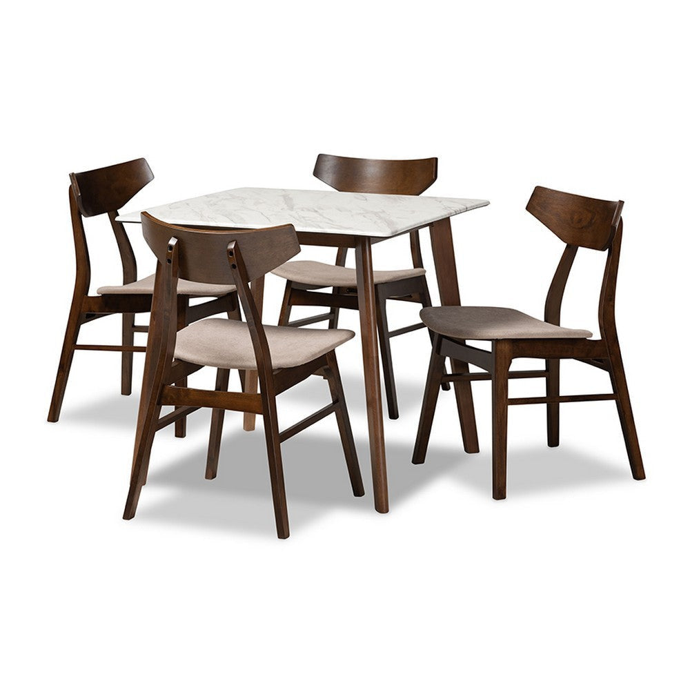Baxton Studio Pearson Mid-Century Modern Transitional Light Beige Fabric Upholstered and Walnut Brown Finished Wood 5-Piece Dining Set