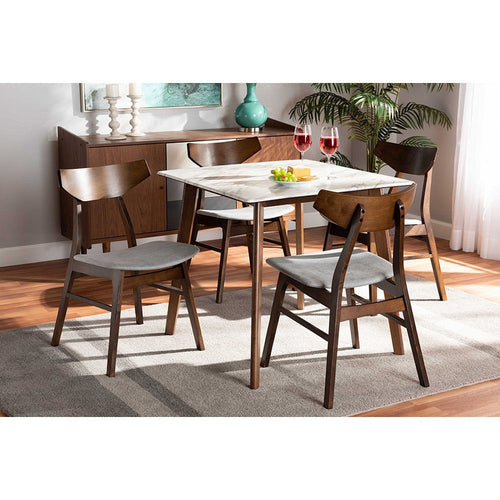 Baxton Studio Pearson Mid-Century Modern Transitional Light Grey Fabric Upholstered and Walnut Brown Finished Wood 5-Piece Dining Set with Faux Marble Table