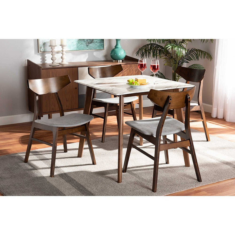Baxton Studio Pearson Mid-Century Modern Transitional Light Grey Fabric Upholstered and Walnut Brown Finished Wood 5-Piece Dining Set with Faux Marble Table