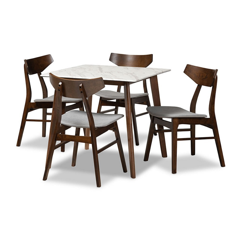 Baxton Studio Pearson Mid-Century Modern Transitional Light Grey Fabric Upholstered and Walnut Brown Finished Wood 5-Piece Dining Set