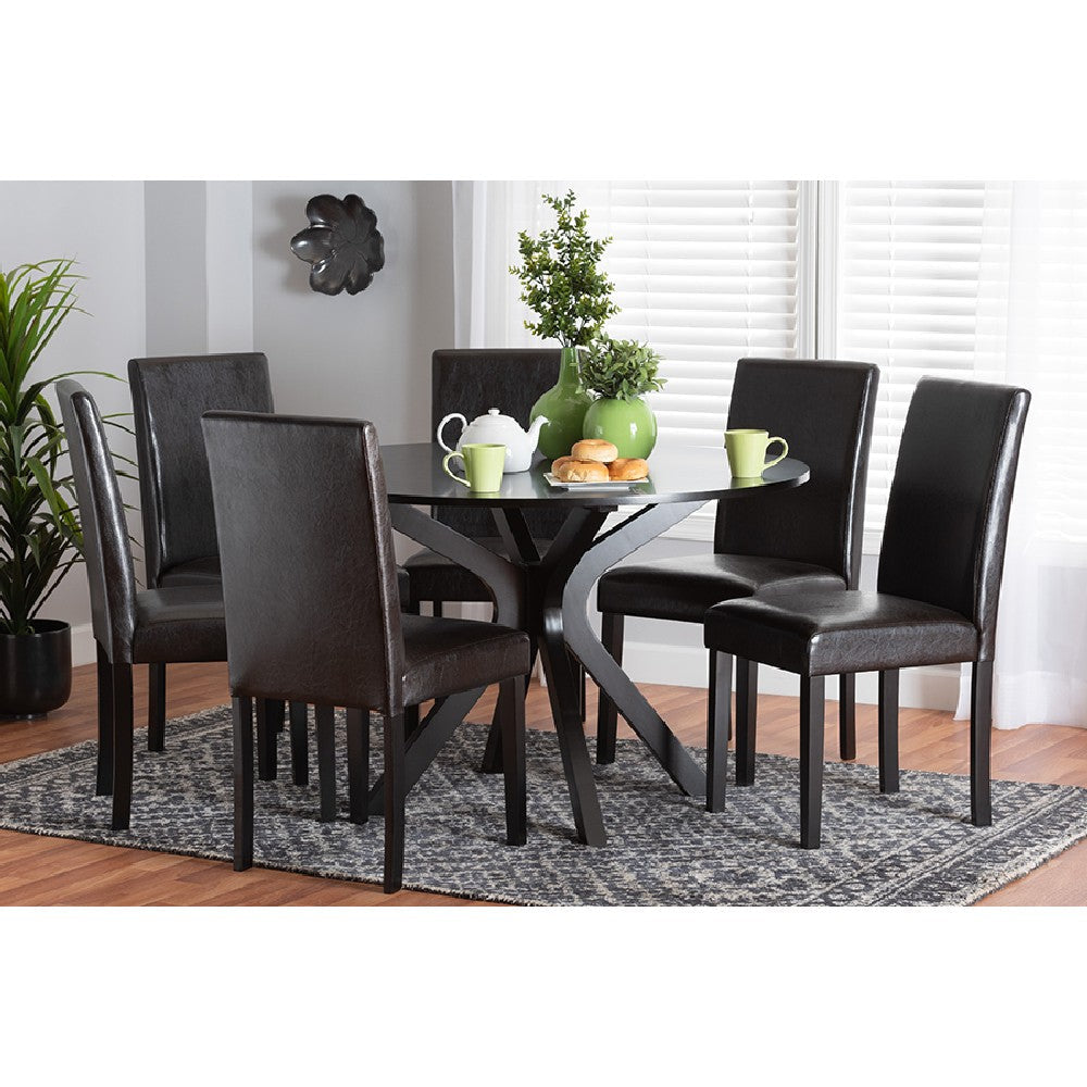 Baxton Studio Asli Modern Espresso Brown Faux Leather and Wood 7-Piece Dining Set WHI-Pinar-Dark-Brown-7PC-Dining-Set