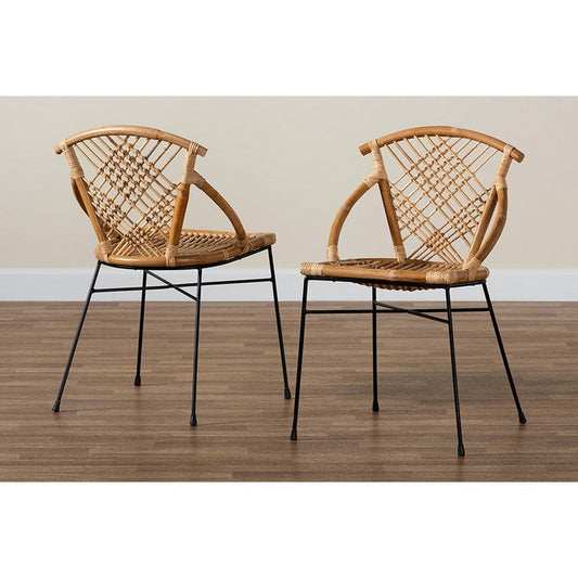 bali & pari Pro Modern Bohemian Natural Brown Rattan and Black Metal 2-Piece Dining Chair Set