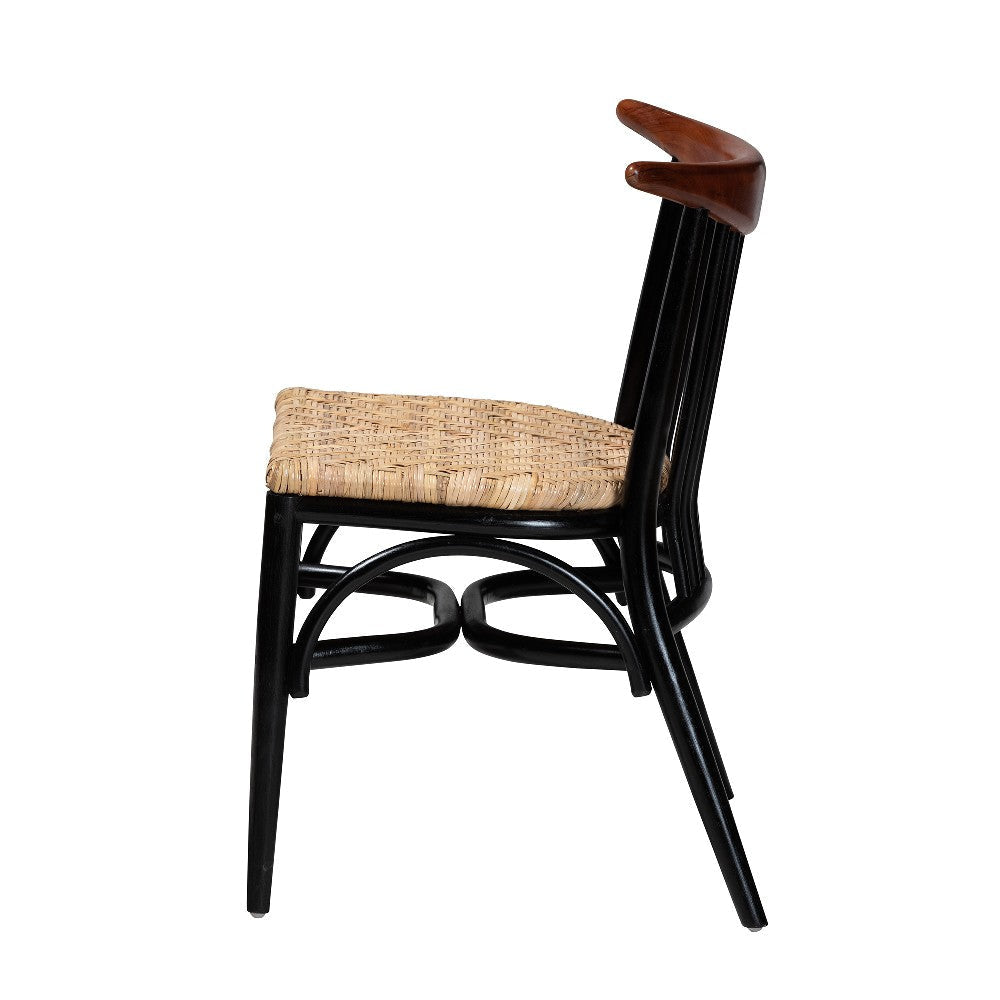 bali & pari Parthenia Mid-Century Modern Two-Tone Black and Walnut Brown Finished Mahogany Wood and Natural Rattan Dining Chair