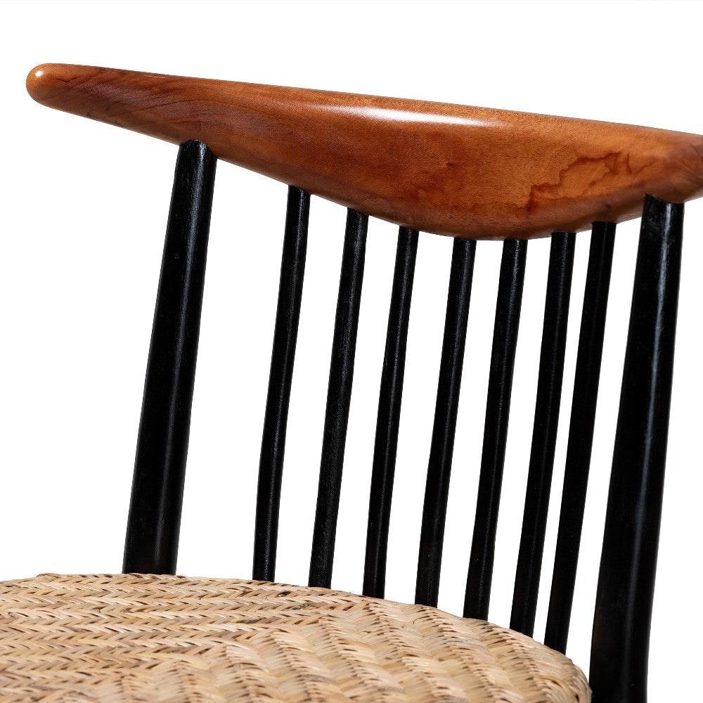 bali & pari Parthenia Mid-Century Modern Two-Tone Black and Walnut Brown Finished Mahogany Wood and Natural Rattan Dining Chair