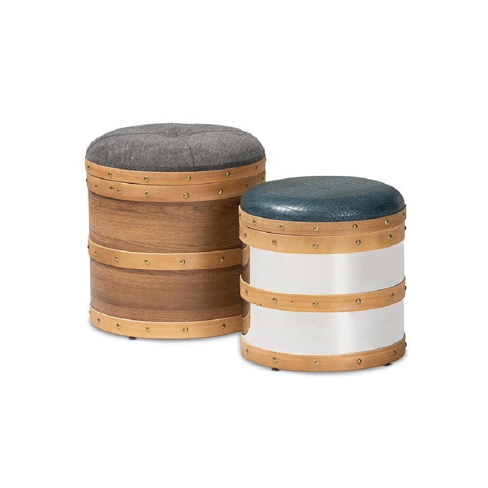 Baxton Studio Caleb Modern Grey Fabric and Alligator Faux Leather 2-Piece Storage Ottoman Set WHI-R87R504-2PC-Otto-Set