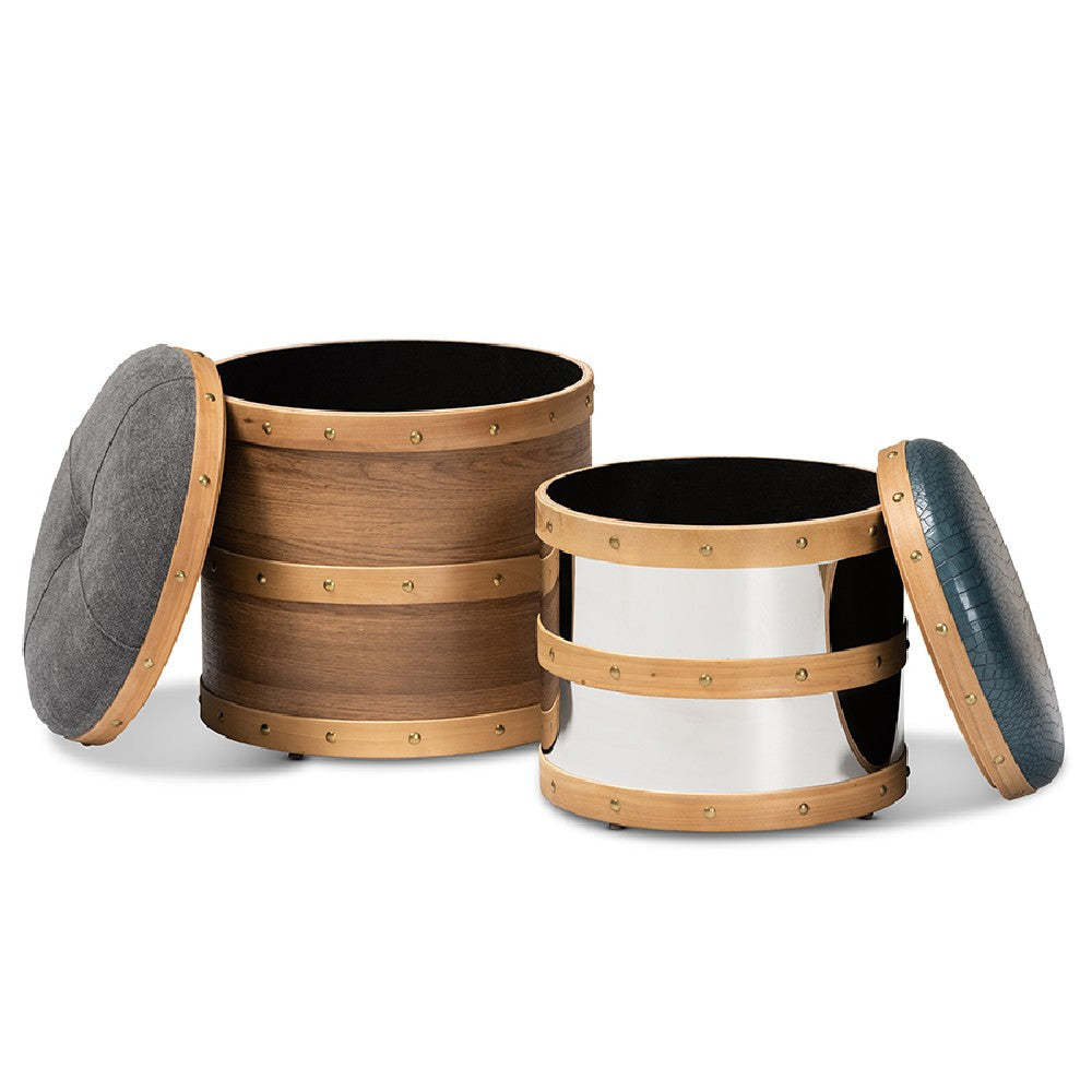 Baxton Studio Caleb Modern Grey Fabric and Alligator Faux Leather 2-Piece Storage Ottoman Set WHI-R87R504-2PC-Otto-Set