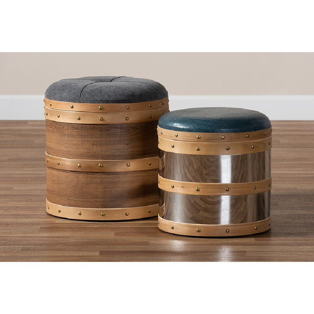 Baxton Studio Caleb Modern Grey Fabric and Alligator Faux Leather 2-Piece Storage Ottoman Set