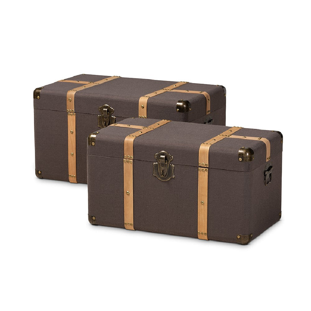 Baxton Studio Stephen Modern and Contemporary Transitional Dark Brown Fabric Upholstered and Oak Brown Finished 2-Piece Storage Trunk Set