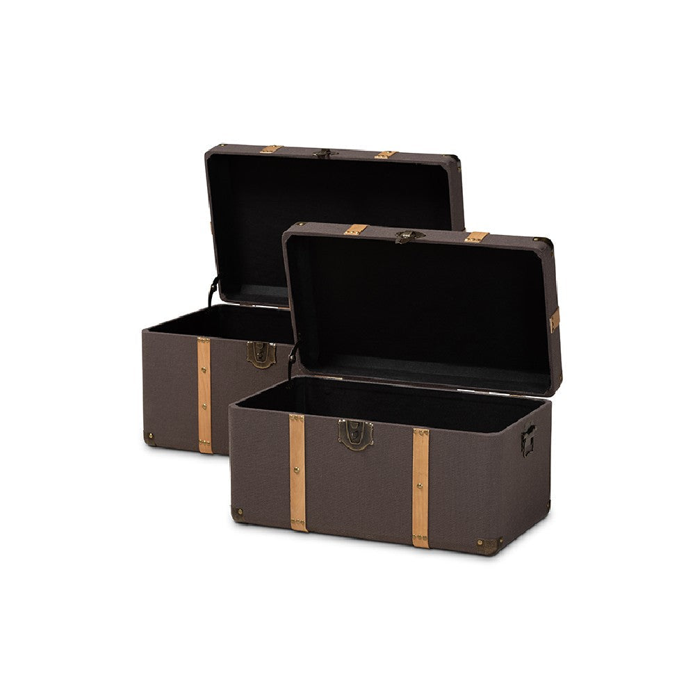 Baxton Studio Stephen Modern and Contemporary Transitional Dark Brown Fabric Upholstered and Oak Brown Finished 2-Piece Storage Trunk Set