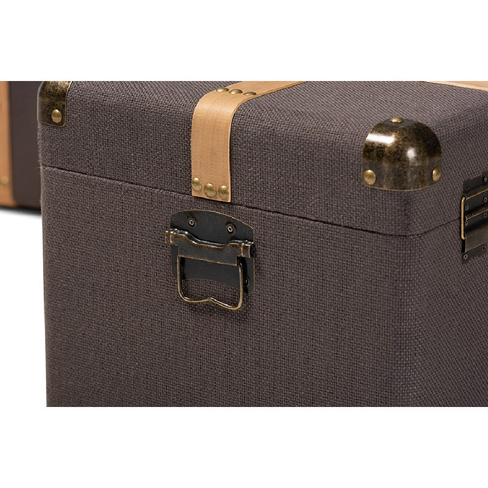 Baxton Studio Stephen Modern and Contemporary Transitional Dark Brown Fabric Upholstered and Oak Brown Finished 2-Piece Storage Trunk Set