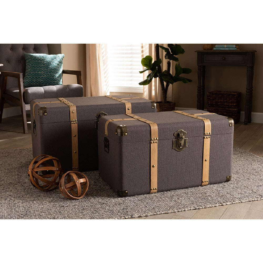 Baxton Studio Stephen Modern and Contemporary Transitional Dark Brown Fabric Upholstered and Oak Brown Finished 2-Piece Storage Trunk Set