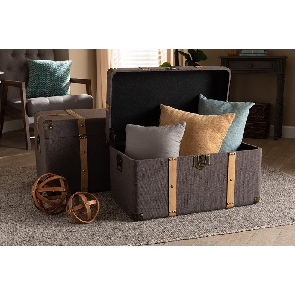 Baxton Studio Stephen Modern and Contemporary Transitional Dark Brown Fabric Upholstered and Oak Brown Finished 2-Piece Storage Trunk Set