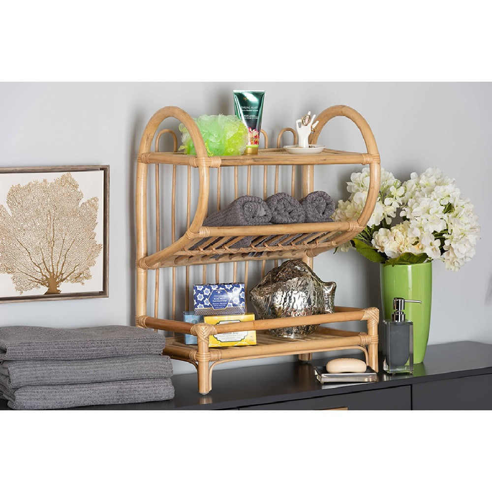 bali & pari Liora Modern Bohemian Natural Brown Finished Rattan 3-Tier Display Shelf WHI-RBS009-Rattan-Shelf