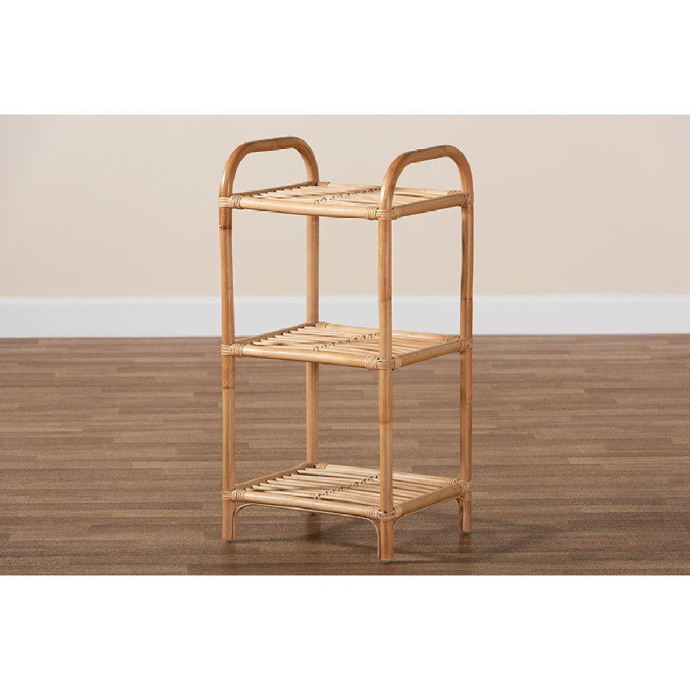 bali & pari Barras Modern Bohemian Natural Brown Finished Rattan 3-Tier Display Shelf