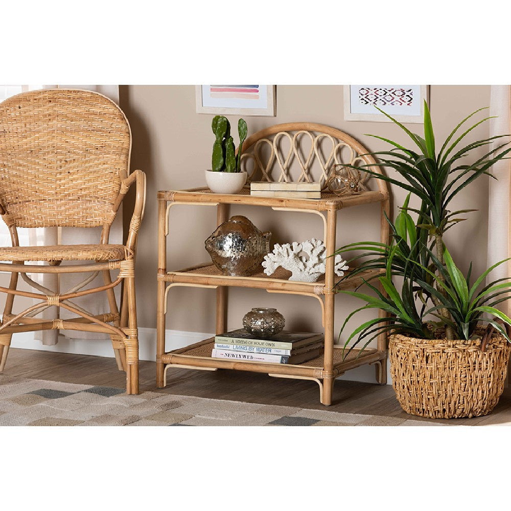 bali & pari Redell Modern Bohemian Natural Brown Rattan 3-Tier Display Shelf WHI-RBS017-Rattan-Shelf