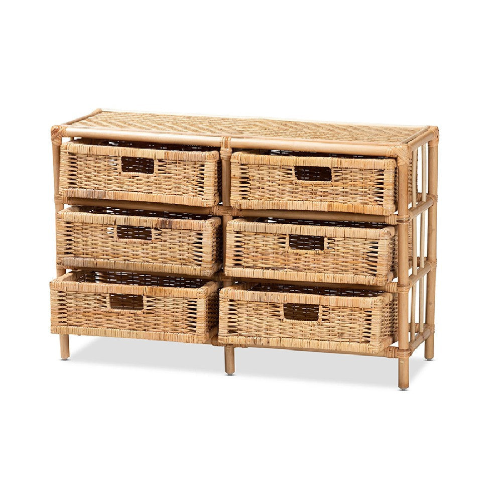 bali & pari Dariana Modern Bohemian Natural Brown Rattan 6-Drawer Storage Cabinet WHI-RBS018-Rattan-6DW-Cabinet