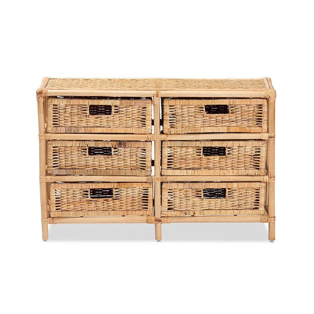 bali & pari Dariana Modern Bohemian Natural Brown Rattan 6-Drawer Storage Cabinet WHI-RBS018-Rattan-6DW-Cabinet
