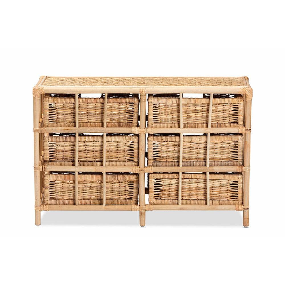 bali & pari Dariana Modern Bohemian Natural Brown Rattan 6-Drawer Storage Cabinet WHI-RBS018-Rattan-6DW-Cabinet