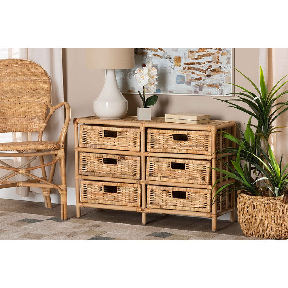 bali & pari Dariana Modern Bohemian Natural Brown Rattan 6-Drawer Storage Cabinet WHI-RBS018-Rattan-6DW-Cabinet