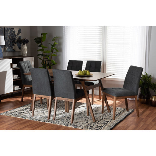 Baxton Studio Tara Mid-Century Modern Dark Grey Fabric Upholstered and Walnut Brown Finished Wood 7-Piece Dining Set