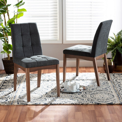 Baxton Studio Tara Mid-Century Modern Transitional Dark Grey Fabric Upholstered and Walnut Brown Finished Wood 2-Piece Dining Chair Set