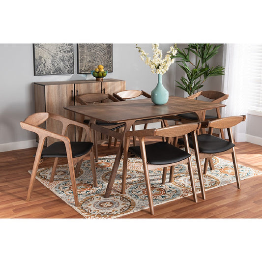 Baxton Studio Harland Mid-Century Modern Black Faux Leather Upholstered and Walnut Brown Finished Wood 7-Piece Dining Set