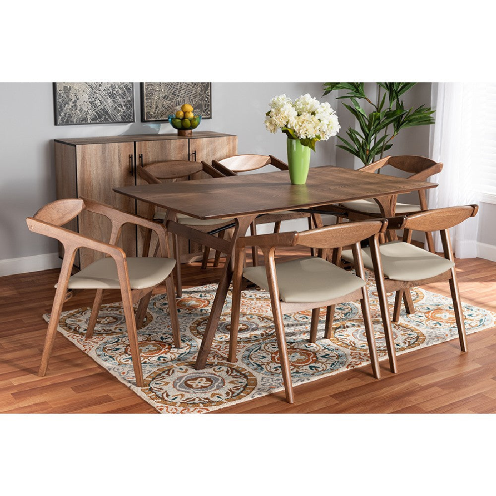 Baxton Studio Harland Mid-Century Modern Grey Faux Leather Upholstered and Walnut Brown Finished Wood 7-Piece Dining Set