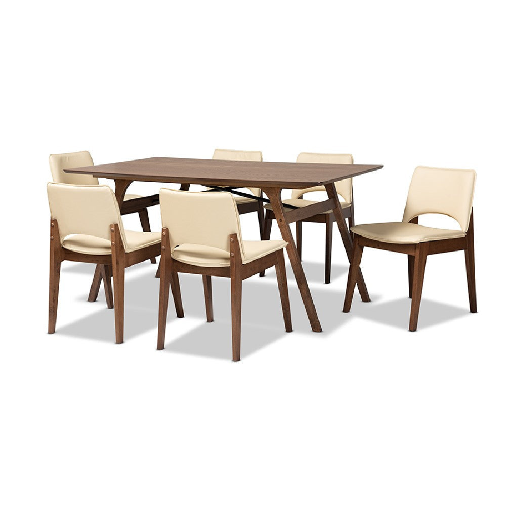 Baxton Studio Afton Mid-Century Modern Beige Faux Leather Upholstered and Walnut Brown Finished Wood 7-Piece Dining Set