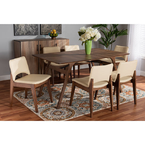 Baxton Studio Afton Mid-Century Modern Beige Faux Leather Upholstered and Walnut Brown Finished Wood 7-Piece Dining Set