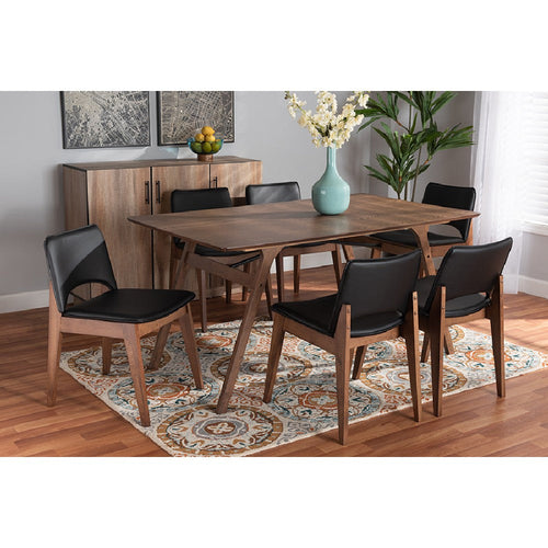 Baxton Studio Afton Mid-Century Modern Black Faux Leather Upholstered and Walnut Brown Finished Wood 7-Piece Dining Set