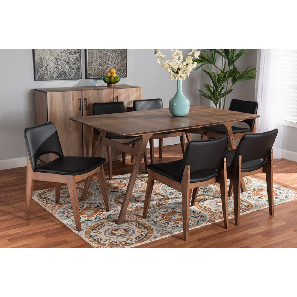 Baxton Studio Afton Mid-Century Modern Black Faux Leather Upholstered and Walnut Brown Finished Wood 7-Piece Dining Set