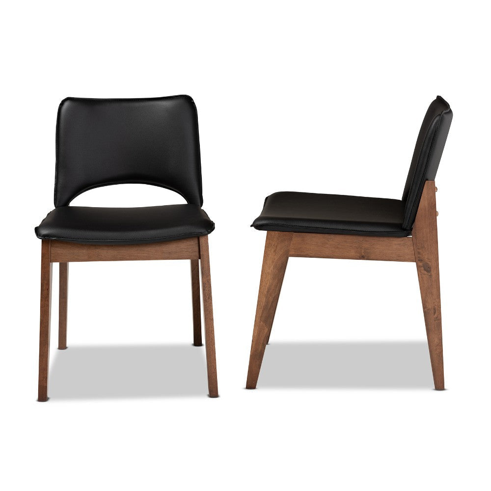 Baxton Studio Afton Mid-Century Modern Black Faux Leather Upholstered and Walnut Brown Finished Wood 2-Piece Dining Chair Set