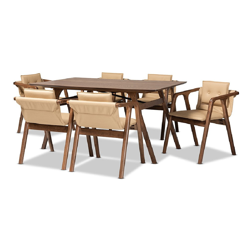 Baxton Studio Marcena Mid-Century Modern Beige Imitation Leather Upholstered and Walnut Brown Finished Wood 7-Piece Dining Set